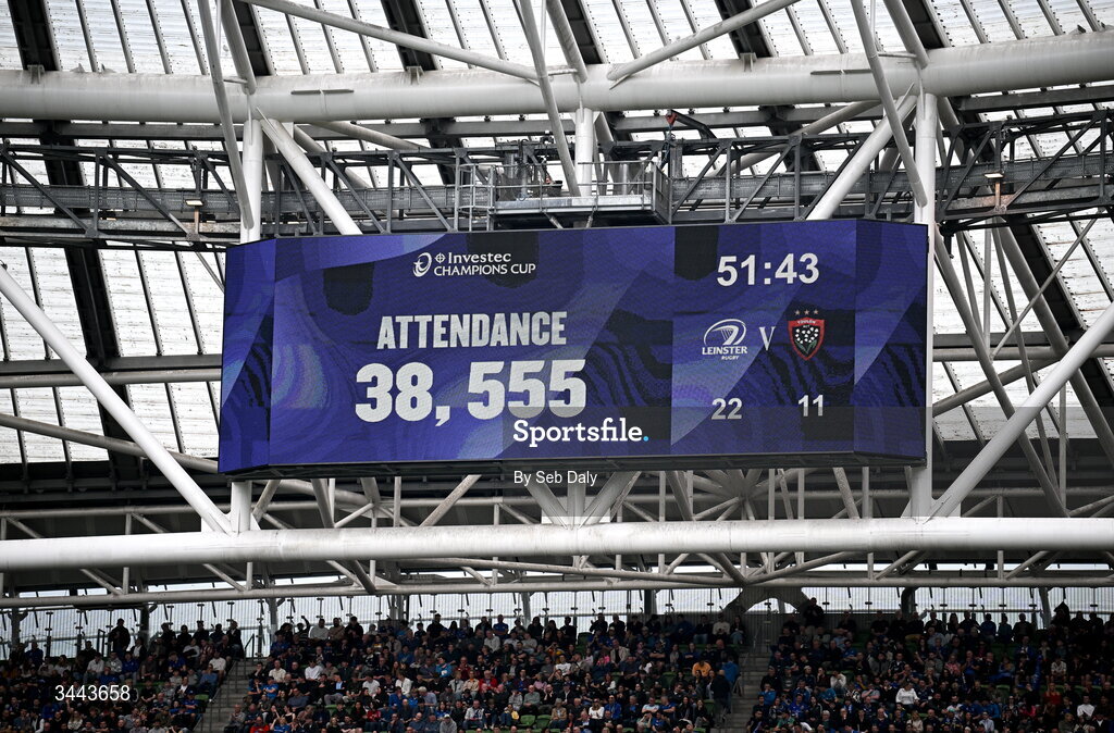 2 May 2026; The attendance is shown on the big screen during the Investec Champions Cup semi-final match between Leinster and RC Toulon at the Aviva Stadium in Dublin. Photo by Seb Daly/Sportsfile