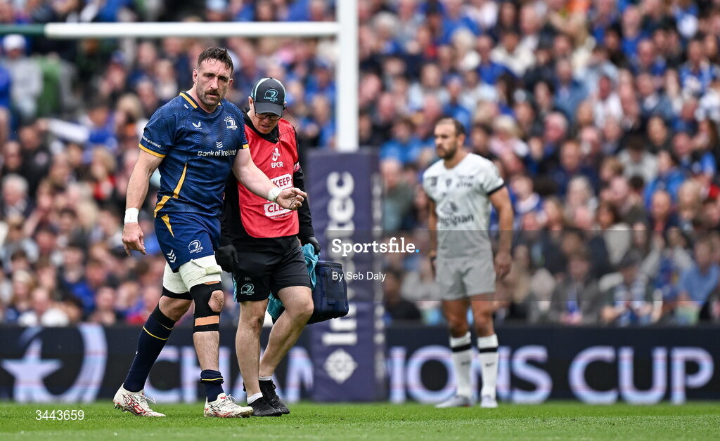 2 May 2026; Jack Conan of Leinster leaves the pitch with an injury during the Investec Champions Cup semi-final match between Leinster and RC Toulon at the Aviva Stadium in Dublin. Photo by Seb Daly/Sportsfile