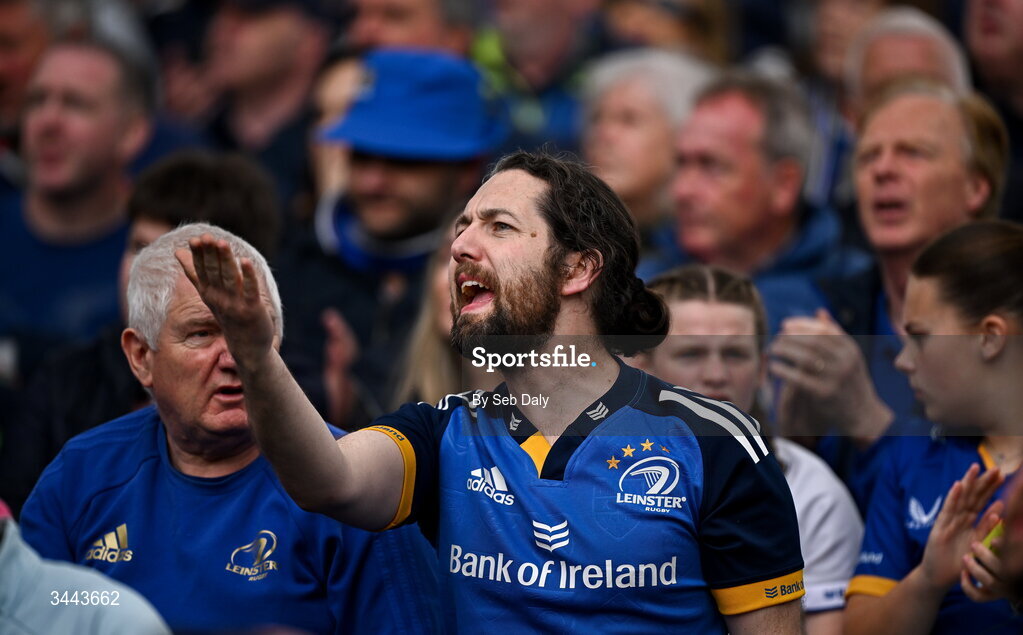 2 May 2026; Leinster supporters during the Investec Champions Cup semi-final match between Leinster and RC Toulon at the Aviva Stadium in Dublin. Photo by Seb Daly/Sportsfile
