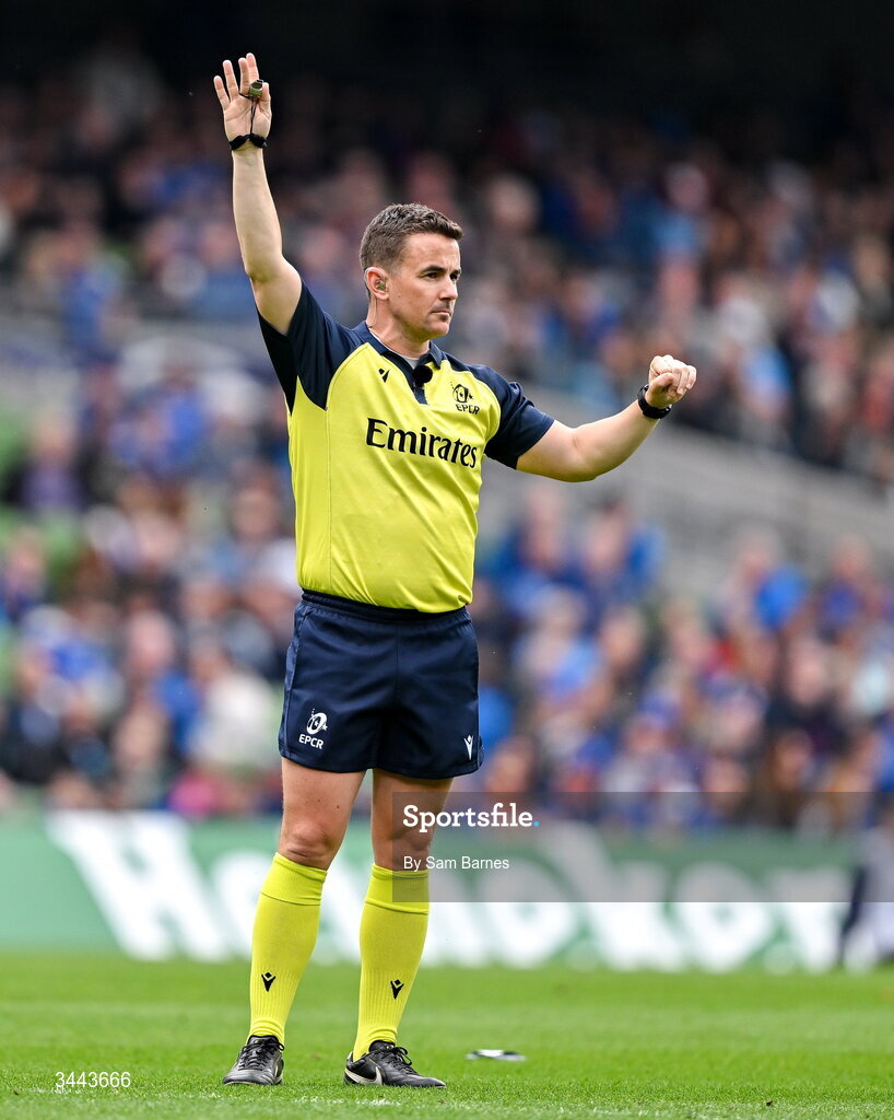2 May 2026; Referee Luke Pearce during the Investec Champions Cup semi-final match between Leinster and RC Toulon at the Aviva Stadium in Dublin. Photo by Sam Barnes/Sportsfile