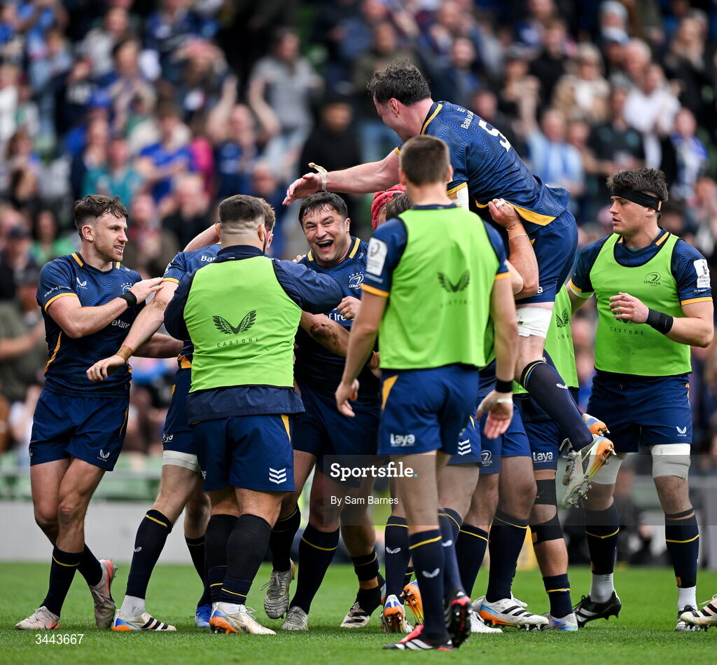 2 May 2026; Garry Ringrose of Leinster, hidden, celebrates with teammates after scoring their side's third try during the Investec Champions Cup semi-final match between Leinster and RC Toulon at the Aviva Stadium in Dublin. Photo by Sam Barnes/Sportsfile