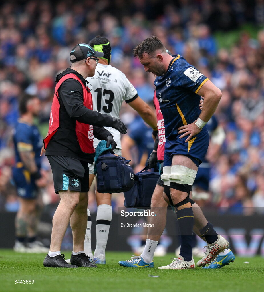 2 May 2026; Jack Conan of Leinster leaves the pitch with an injury during the Investec Champions Cup semi-final match between Leinster and RC Toulon at the Aviva Stadium in Dublin. Photo by Brendan Moran/Sportsfile