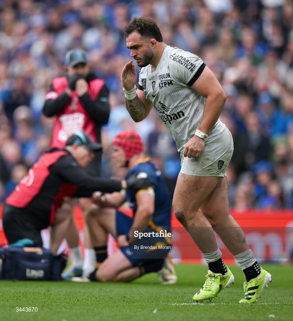 2 May 2026; Teddy Baubigny of RC Toulon leaves the pitch after being shown a yellow card during the Investec Champions Cup semi-final match between Leinster and RC Toulon at the Aviva Stadium in Dublin. Photo by Brendan Moran/Sportsfile
