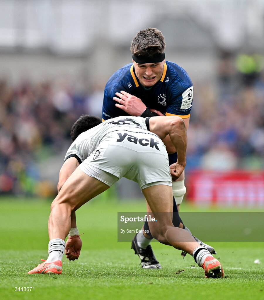 2 May 2026; Alex Soroka of Leinster in action against Tomas Albornoz of RC Toulon during the Investec Champions Cup semi-final match between Leinster and RC Toulon at the Aviva Stadium in Dublin. Photo by Sam Barnes/Sportsfile