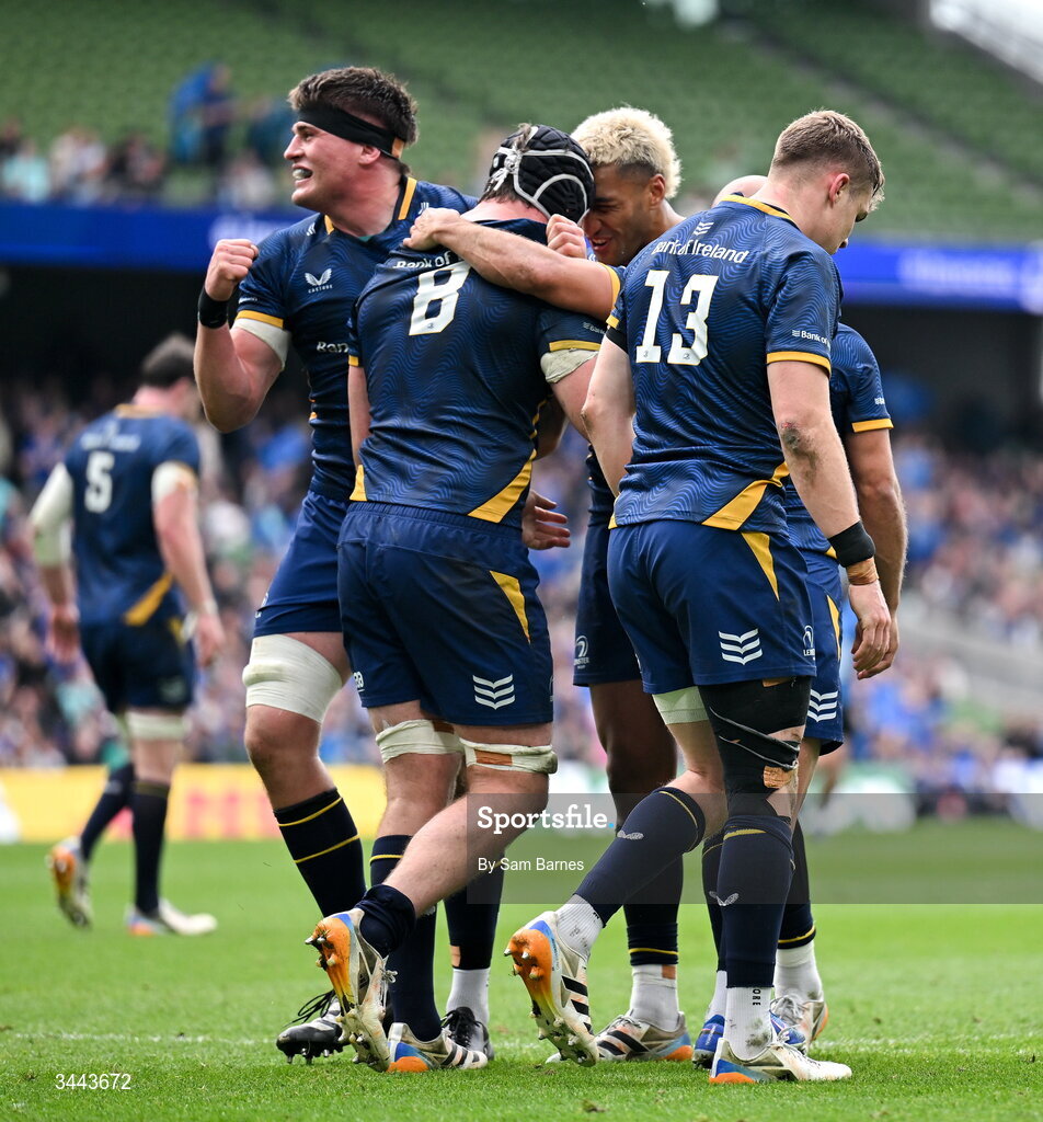 2 May 2026; Caelan Doris of Leinster, 8, celebrates with teammates including Rieko Ioane, centre, after scoring their side's fourth try during the Investec Champions Cup semi-final match between Leinster and RC Toulon at the Aviva Stadium in Dublin. Photo by Sam Barnes/Sportsfile