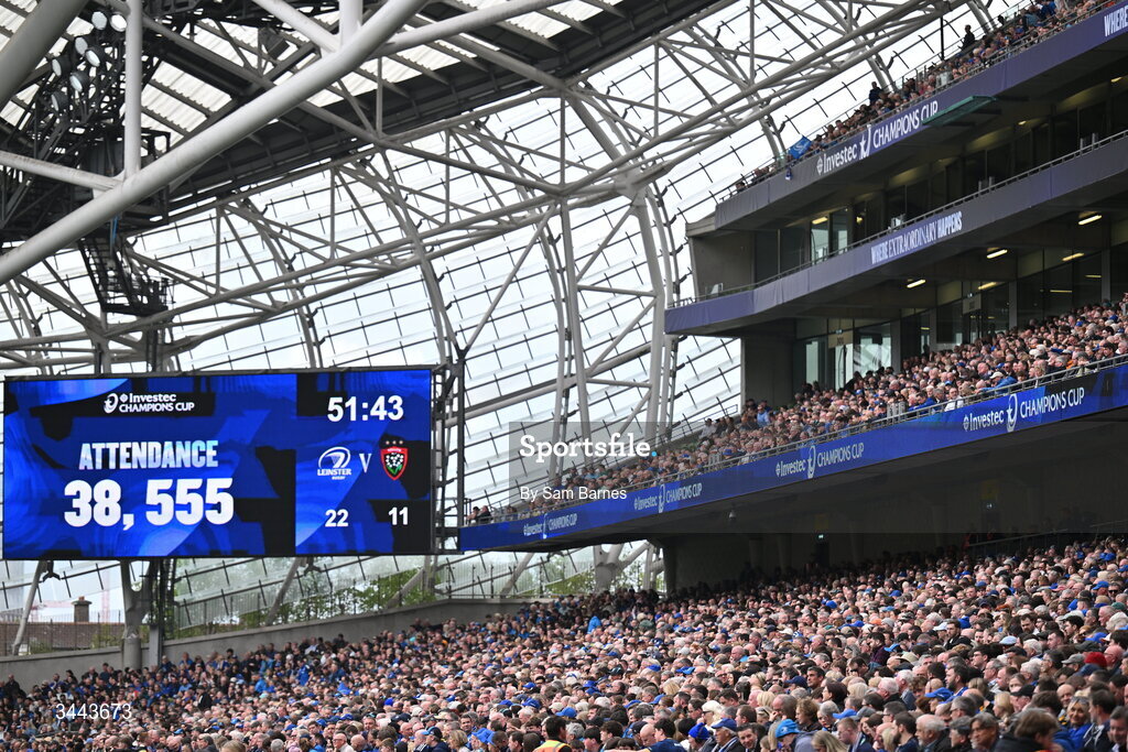 2 May 2026; The attendance is shown on the big screen during the Investec Champions Cup semi-final match between Leinster and RC Toulon at the Aviva Stadium in Dublin. Photo by Sam Barnes/Sportsfile