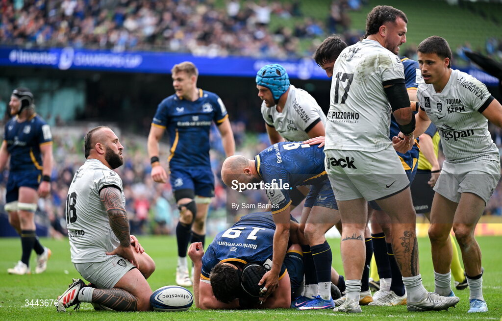2 May 2026; Caelan Doris of Leinster, bottom right, celebrates with teammate Alex Soroka, 19, after scoring their side's fourth try during the Investec Champions Cup semi-final match between Leinster and RC Toulon at the Aviva Stadium in Dublin. Photo by Sam Barnes/Sportsfile