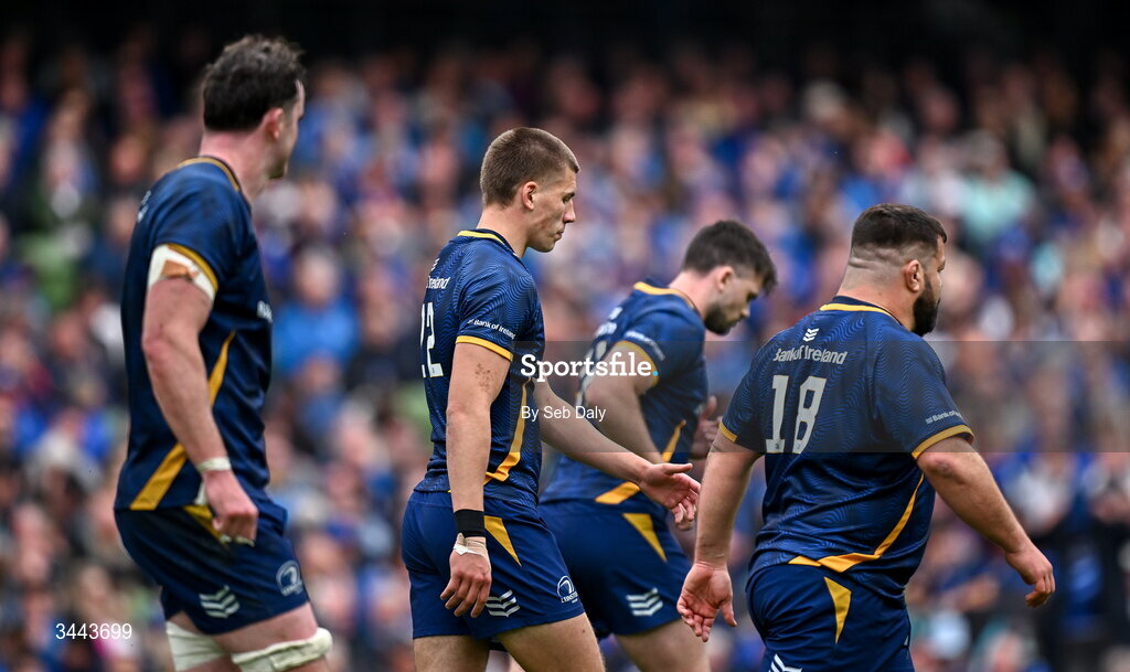 2 May 2026; Sam Prendergast of Leinster and teammates react after their side concede a try during the Investec Champions Cup semi-final match between Leinster and RC Toulon at the Aviva Stadium in Dublin. Photo by Seb Daly/Sportsfile