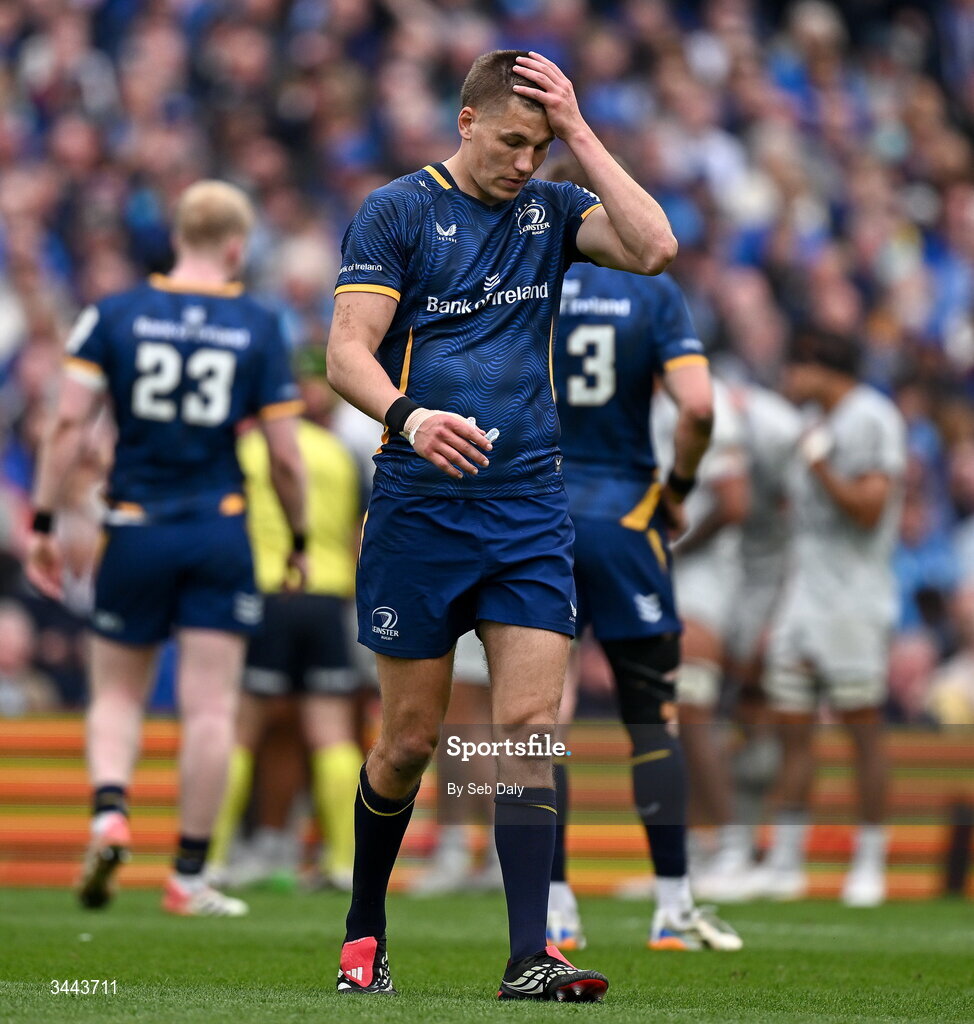 2 May 2026; Sam Prendergast of Leinster reacts after his side concede a try during the Investec Champions Cup semi-final match between Leinster and RC Toulon at the Aviva Stadium in Dublin. Photo by Seb Daly/Sportsfile