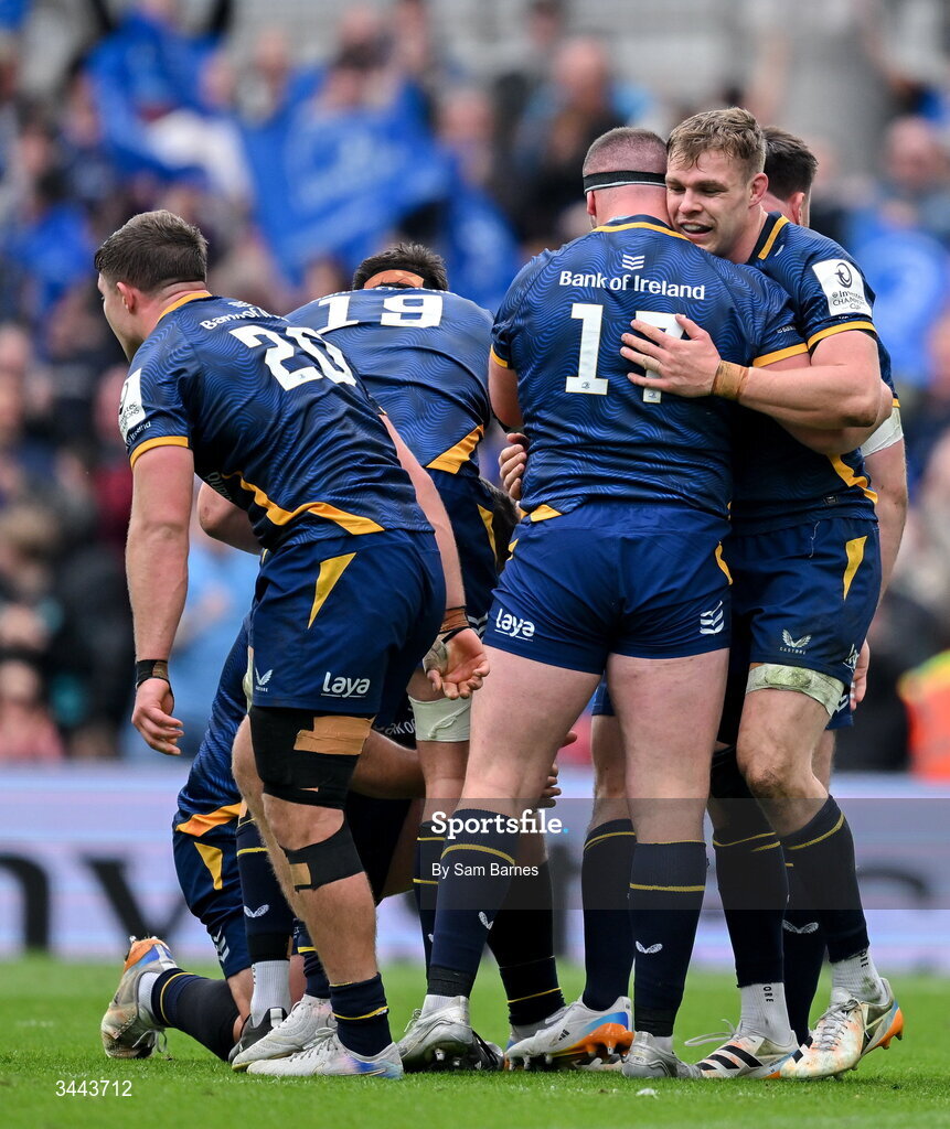 2 May 2026; Leinster players, including Garry Ringrose, right, and Jerry Cahir, 17, celebrate after the Investec Champions Cup semi-final match between Leinster and RC Toulon at the Aviva Stadium in Dublin. Photo by Sam Barnes/Sportsfile
