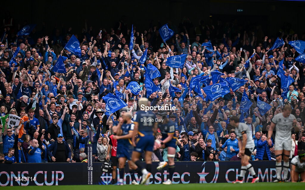 2 May 2026; Leinster supporters celebrate after the Investec Champions Cup semi-final match between Leinster and RC Toulon at the Aviva Stadium in Dublin. Photo by Seb Daly/Sportsfile