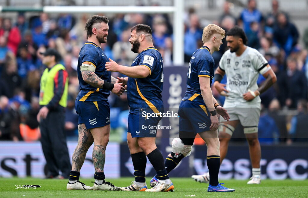 2 May 2026; Andrew Porter of Leinster, left, and teammate Rabah Slimani celebrate after the Investec Champions Cup semi-final match between Leinster and RC Toulon at the Aviva Stadium in Dublin. Photo by Sam Barnes/Sportsfile