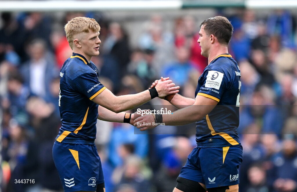 2 May 2026; Tommy O'Brien of Leinster, left, and teammate Scott Penny celebrate after the Investec Champions Cup semi-final match between Leinster and RC Toulon at the Aviva Stadium in Dublin. Photo by Sam Barnes/Sportsfile