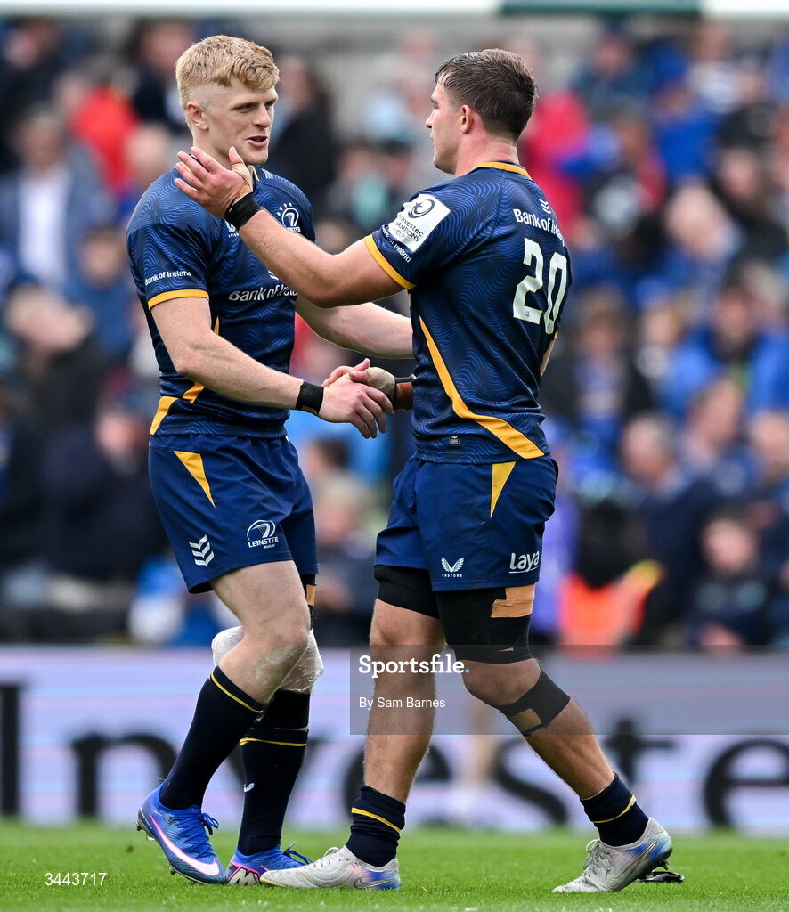 2 May 2026; Tommy O'Brien of Leinster, left, and teammate Scott Penny celebrate after the Investec Champions Cup semi-final match between Leinster and RC Toulon at the Aviva Stadium in Dublin. Photo by Sam Barnes/Sportsfile