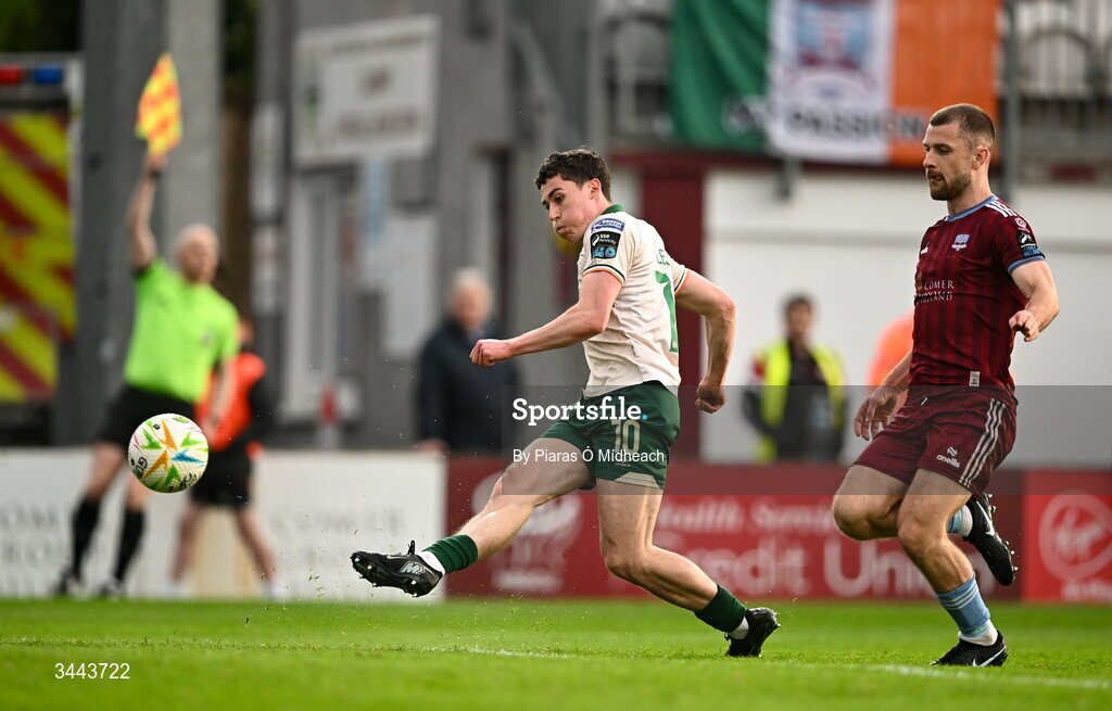 1 May 2026; Kian Leavy of St Patrick's Athletic scores a goal, under pressure fro m Aaron Bolger of Galway United, that was ruled out for offside during the SSE Airtricity Men's Premier Division match between Galway United and St Patrick's Athletic at Eamonn Deacy Park in Galway. Photo by Piaras Ó Mídheach/Sportsfile