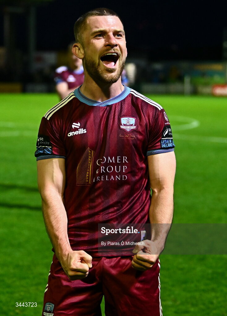 1 May 2026; Aaron Bolger of Galway United, who scored both of his side's goals, celebrates in front of supporters after the drawn SSE Airtricity Men's Premier Division match between Galway United and St Patrick's Athletic at Eamonn Deacy Park in Galway. Photo by Piaras Ó Mídheach/Sportsfile