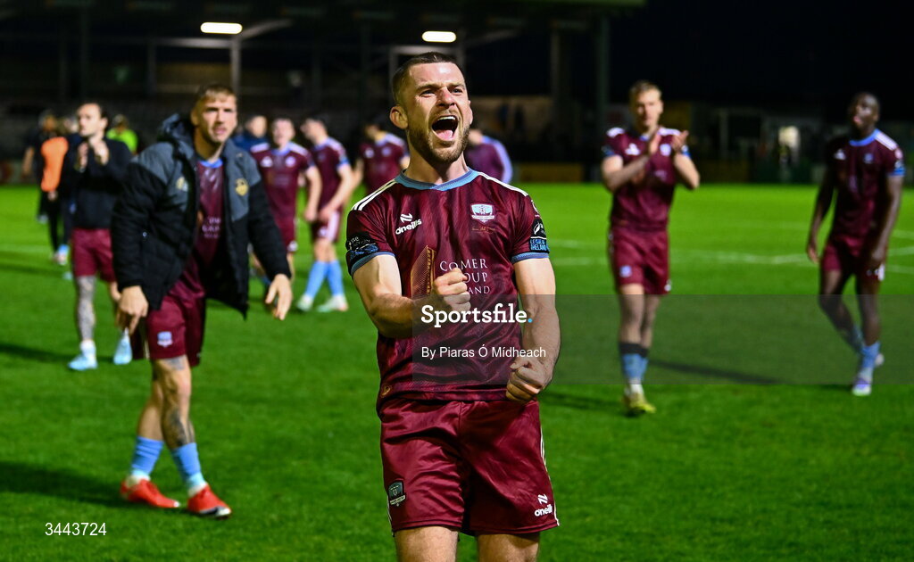 1 May 2026; Aaron Bolger of Galway United, who scored both of his side's goals, celebrates in front of supporters after the drawn SSE Airtricity Men's Premier Division match between Galway United and St Patrick's Athletic at Eamonn Deacy Park in Galway. Photo by Piaras Ó Mídheach/Sportsfile