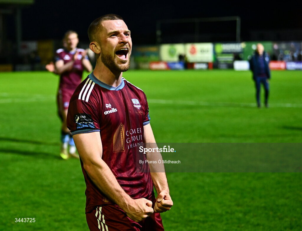 1 May 2026; Aaron Bolger of Galway United, who scored both of his side's goals, celebrates in front of supporters after the drawn SSE Airtricity Men's Premier Division match between Galway United and St Patrick's Athletic at Eamonn Deacy Park in Galway. Photo by Piaras Ó Mídheach/Sportsfile