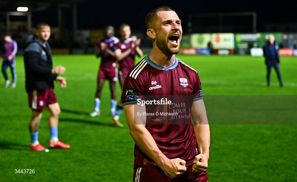 1 May 2026; Aaron Bolger of Galway United, who scored both of his side's goals, celebrates in front of supporters after the drawn SSE Airtricity Men's Premier Division match between Galway United and St Patrick's Athletic at Eamonn Deacy Park in Galway. Photo by Piaras Ó Mídheach/Sportsfile