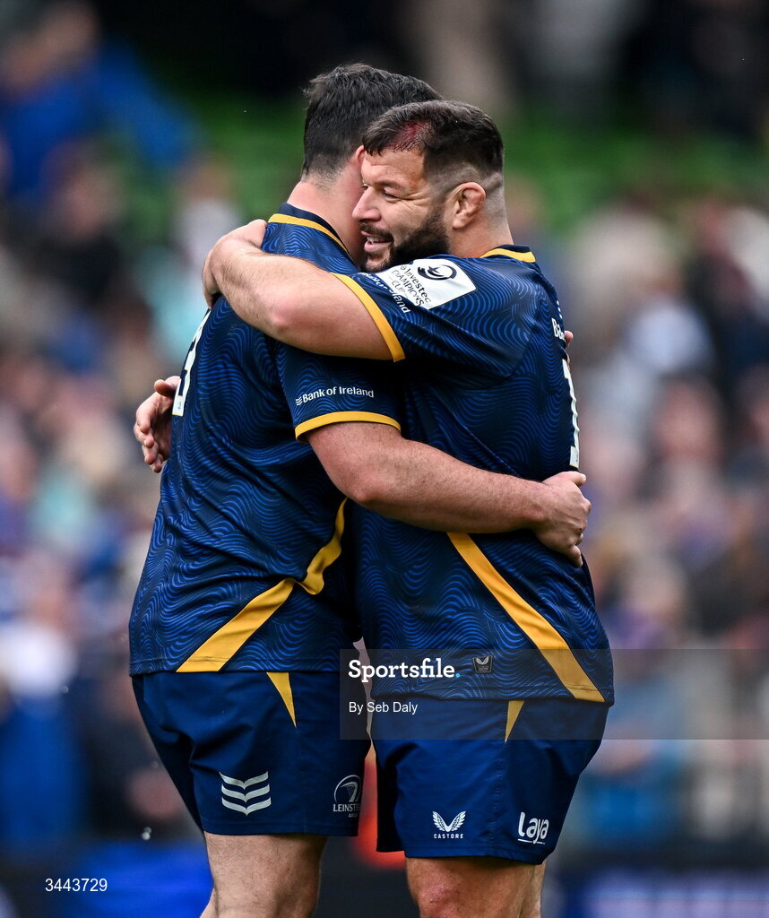 2 May 2026; Rabah Slimani, right, and Thomas Clarkson of Leinster celebrate after the Investec Champions Cup semi-final match between Leinster and RC Toulon at the Aviva Stadium in Dublin. Photo by Seb Daly/Sportsfile