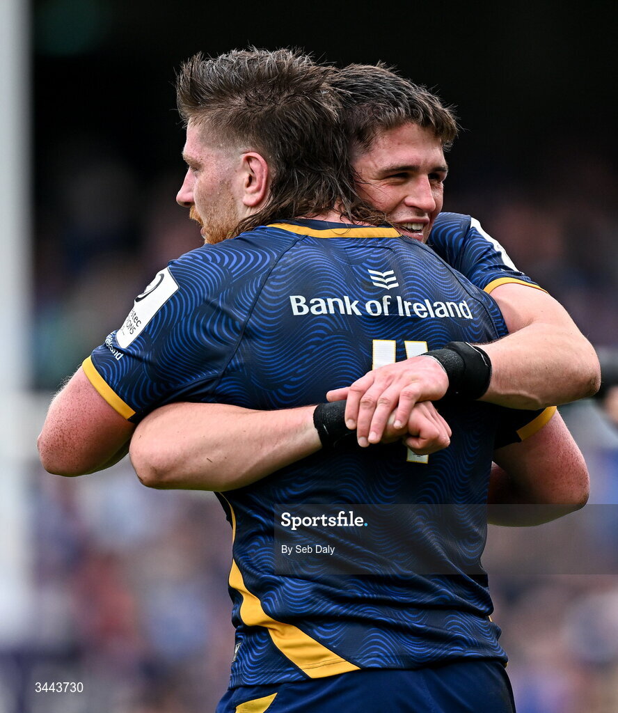 2 May 2026; Alex Soroka, right, and Joe McCarthy of Leinster celebrate after the Investec Champions Cup semi-final match between Leinster and RC Toulon at the Aviva Stadium in Dublin. Photo by Seb Daly/Sportsfile