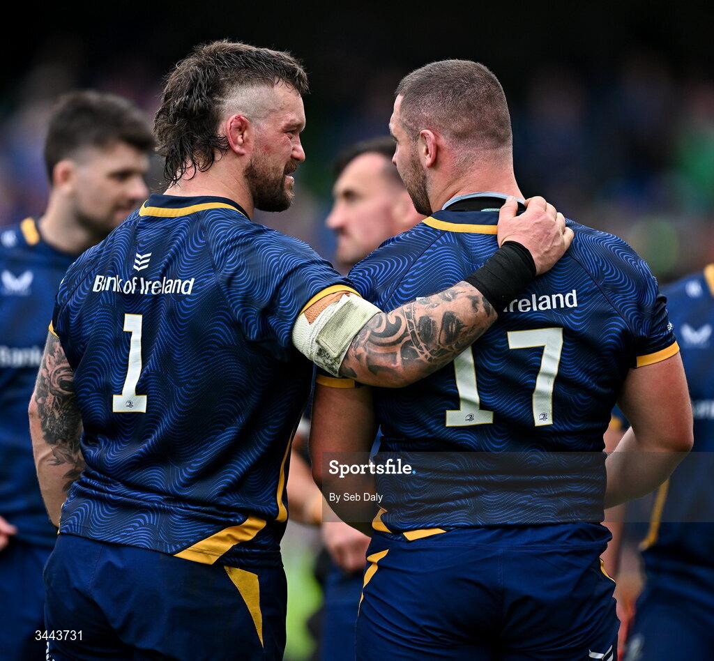 2 May 2026; Andrew Porter, left, and Jerry Cahir of Leinster after the Investec Champions Cup semi-final match between Leinster and RC Toulon at the Aviva Stadium in Dublin. Photo by Seb Daly/Sportsfile