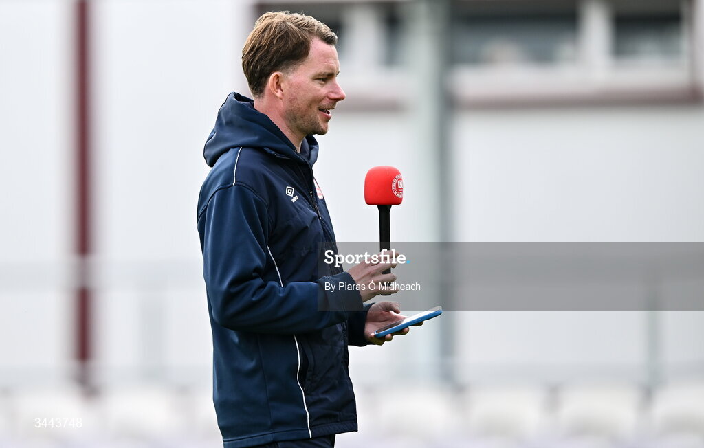 1 May 2026; St Patrick's Athletic head of media Jamie Moore and xxx before the SSE Airtricity Men's Premier Division match between Galway United and St Patrick's Athletic at Eamonn Deacy Park in Galway. Photo by Piaras Ó Mídheach/Sportsfile