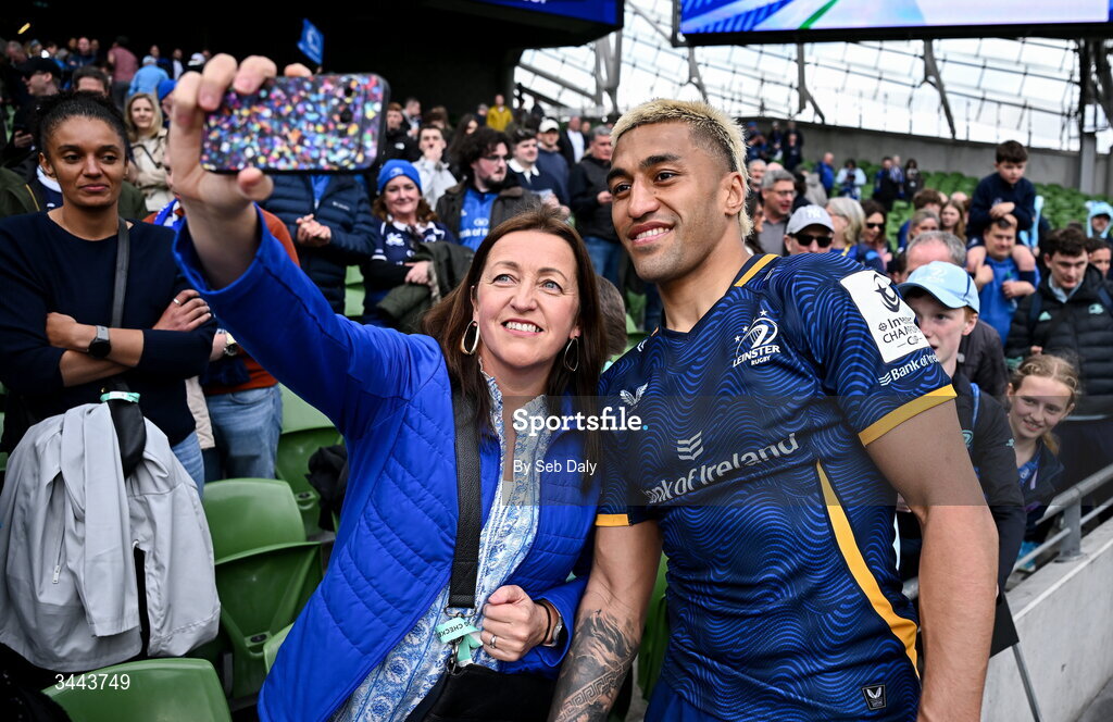 2 May 2026; Rieko Ioane of Leinster celebrates with supporters after the Investec Champions Cup semi-final match between Leinster and RC Toulon at the Aviva Stadium in Dublin. Photo by Seb Daly/Sportsfile