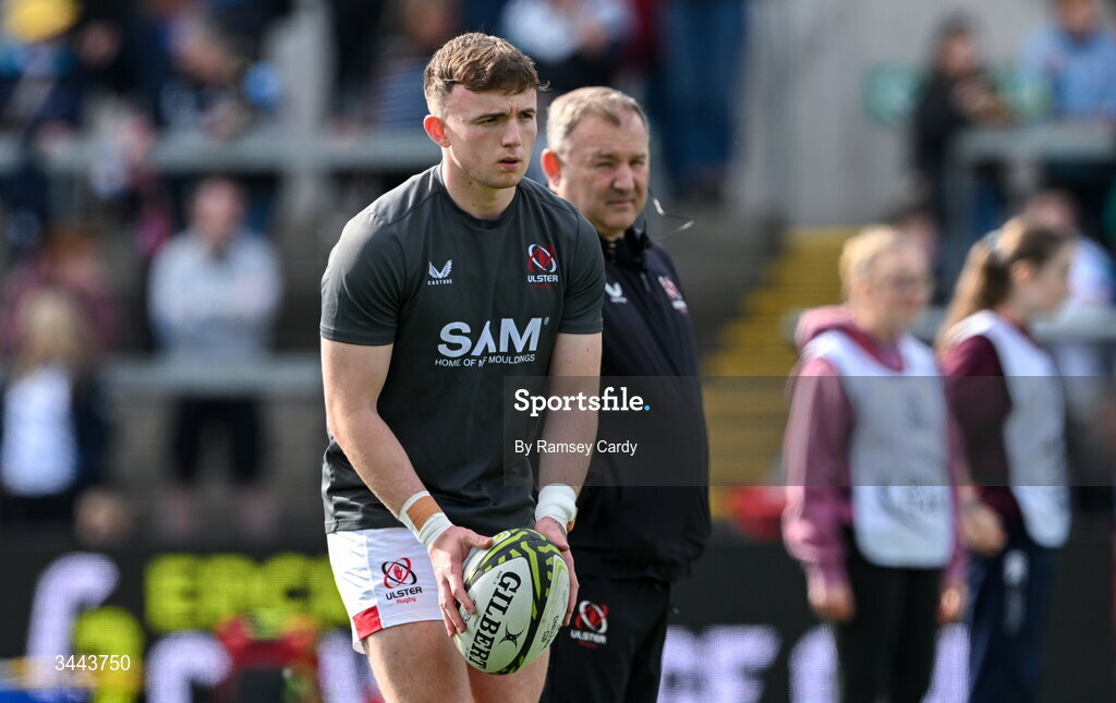 2 May 2026; Jack Murphy of Ulster, watched by Ulster head coach Richie Murphy, before the EPCR Challenge Cup semi-final match between Ulster and Exeter Chiefs at Affidea Stadium in Belfast. Photo by Ramsey Cardy/Sportsfile