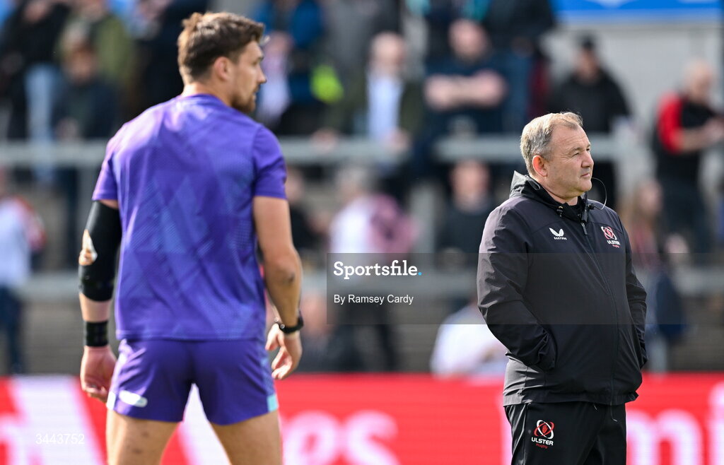 2 May 2026; Ulster head coach Richie Murphy, right, and Henry Slade of Exeter Chiefs before the EPCR Challenge Cup semi-final match between Ulster and Exeter Chiefs at Affidea Stadium in Belfast. Photo by Ramsey Cardy/Sportsfile