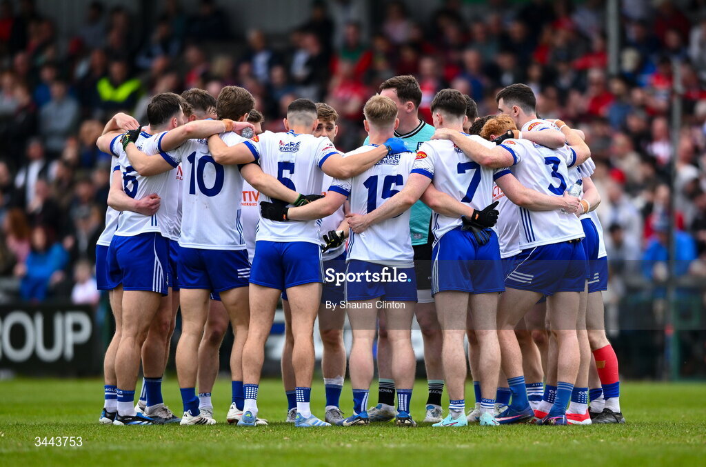 2 May 2026; Monaghan players huddle ahead of the Ulster GAA Football Senior Championship semi-final match between Derry and Monaghan at BOX-IT Athletic Grounds in Armagh. Photo by Shauna Clinton/Sportsfile