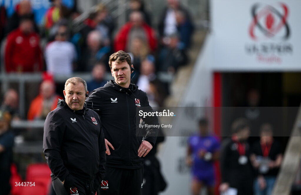 2 May 2026; Ulster head coach Richie Murphy, left, and assisant coach Mark Sexton before the EPCR Challenge Cup semi-final match between Ulster and Exeter Chiefs at Affidea Stadium in Belfast. Photo by Ramsey Cardy/Sportsfile