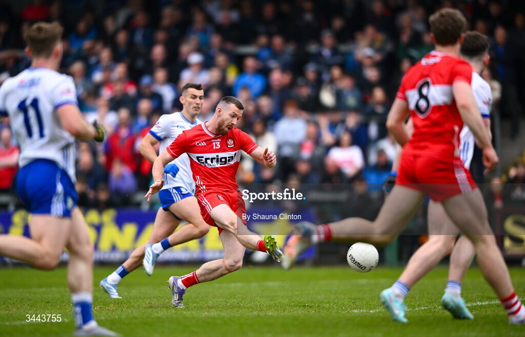 2 May 2026; Niall Loughlin of Derry shoots to score his side's first goal during the Ulster GAA Football Senior Championship semi-final match between Derry and Monaghan at BOX-IT Athletic Grounds in Armagh. Photo by Shauna Clinton/Sportsfile