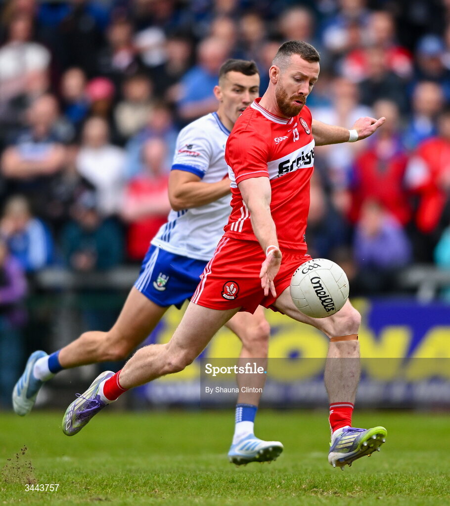 2 May 2026; Niall Loughlin of Derry shoots to score his side's first goal during the Ulster GAA Football Senior Championship semi-final match between Derry and Monaghan at BOX-IT Athletic Grounds in Armagh. Photo by Shauna Clinton/Sportsfile