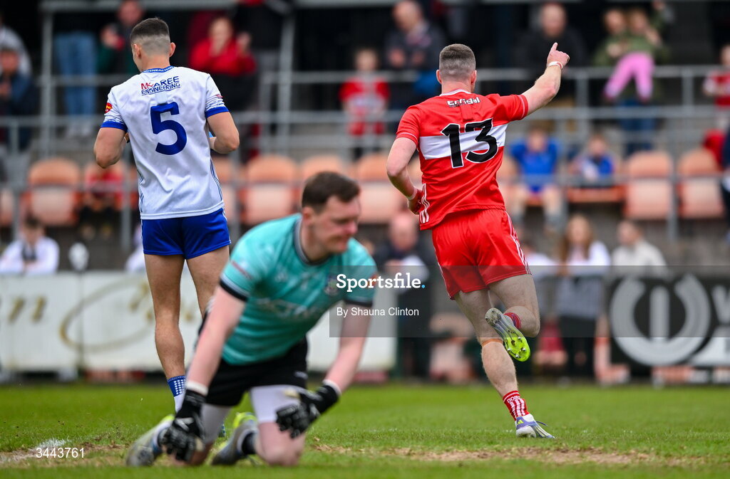 2 May 2026; Niall Loughlin of Derry, 13, celebrates after scoring his side's first goal during the Ulster GAA Football Senior Championship semi-final match between Derry and Monaghan at BOX-IT Athletic Grounds in Armagh. Photo by Shauna Clinton/Sportsfile