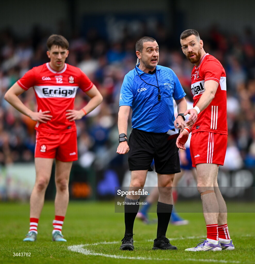 2 May 2026; Niall Loughlin of Derry remonstrates with referee Noel Mooney during the Ulster GAA Football Senior Championship semi-final match between Derry and Monaghan at BOX-IT Athletic Grounds in Armagh. Photo by Shauna Clinton/Sportsfile
