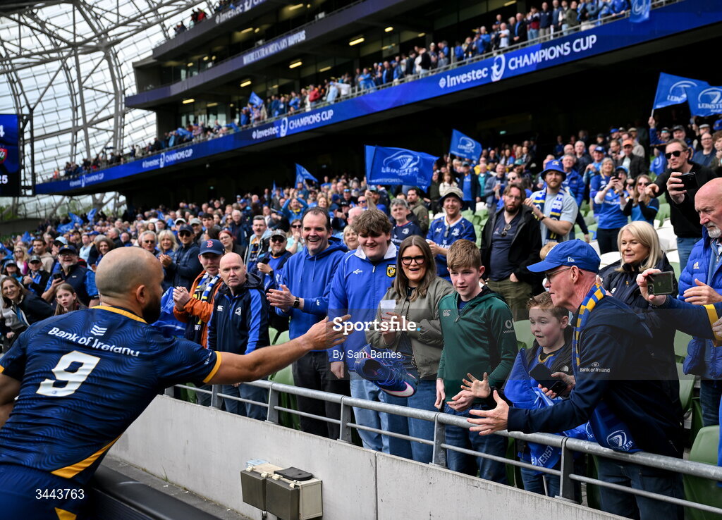 2 May 2026; Jamison Gibson-Park of Leinster gifts his boots to Leinster supporter Beau Cassidy, from Blackrock in Dublin after the Investec Champions Cup semi-final match between Leinster and RC Toulon at the Aviva Stadium in Dublin. Photo by Sam Barnes/Sportsfile