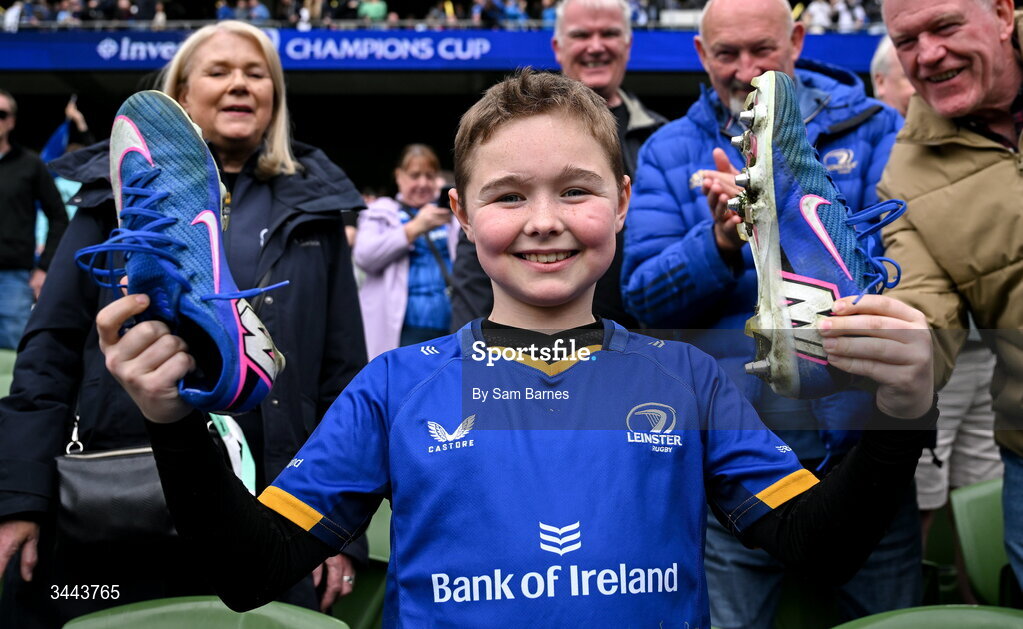 2 May 2026; Leinster supporter Beau Cassidy, from Blackrock in Dublin with the boots of Jamison Gibson-Park of Leinster after the Investec Champions Cup semi-final match between Leinster and RC Toulon at the Aviva Stadium in Dublin. Photo by Sam Barnes/Sportsfile