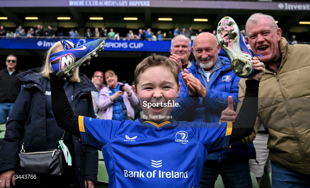 2 May 2026; Leinster supporter Beau Cassidy, from Blackrock in Dublin with the boots of Jamison Gibson-Park of Leinster after the Investec Champions Cup semi-final match between Leinster and RC Toulon at the Aviva Stadium in Dublin. Photo by Sam Barnes/Sportsfile