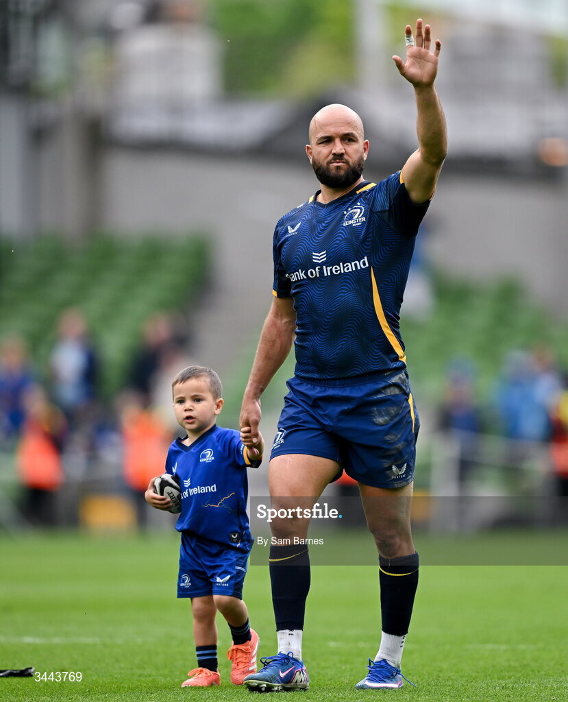 2 May 2026; Jamison Gibson-Park of Leinster with his son Jai after the Investec Champions Cup semi-final match between Leinster and RC Toulon at the Aviva Stadium in Dublin. Photo by Sam Barnes/Sportsfile