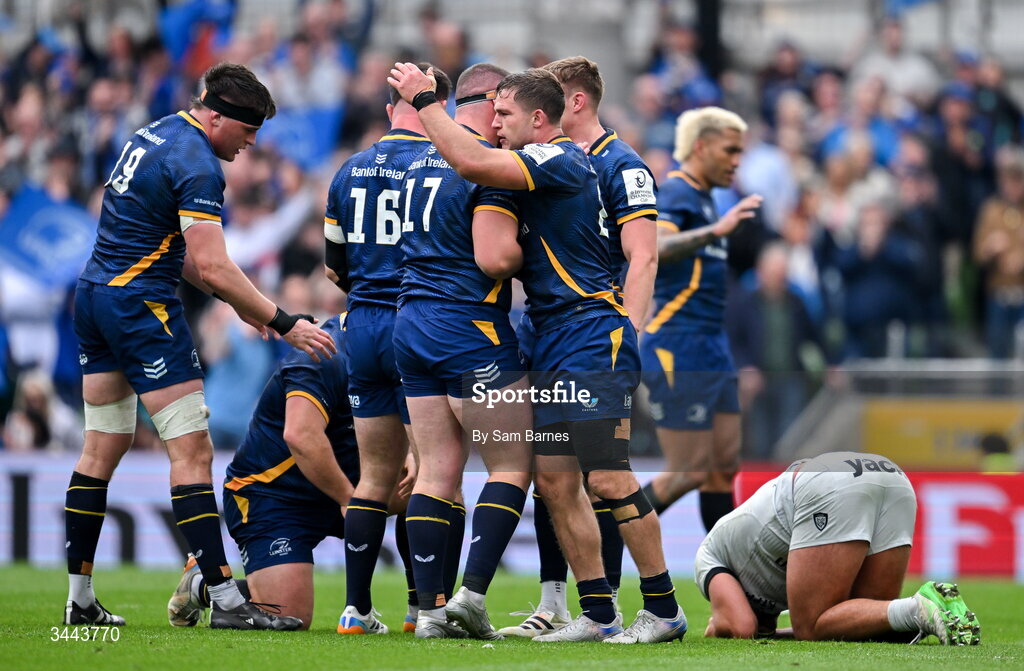 2 May 2026; Leinster players, including Garry Ringrose, right, and Jerry Cahir, 17, after the Investec Champions Cup semi-final match between Leinster and RC Toulon at the Aviva Stadium in Dublin. Photo by Sam Barnes/Sportsfile