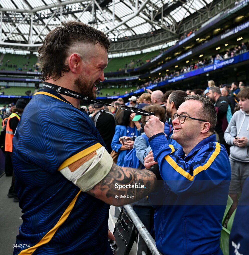 2 May 2026; Andrew Porter of Leinster with supporters after the Investec Champions Cup semi-final match between Leinster and RC Toulon at the Aviva Stadium in Dublin. Photo by Seb Daly/Sportsfile