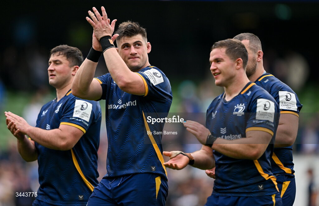 2 May 2026; Dan Sheehan of Leinster and teammates after the Investec Champions Cup semi-final match between Leinster and RC Toulon at the Aviva Stadium in Dublin. Photo by Sam Barnes/Sportsfile