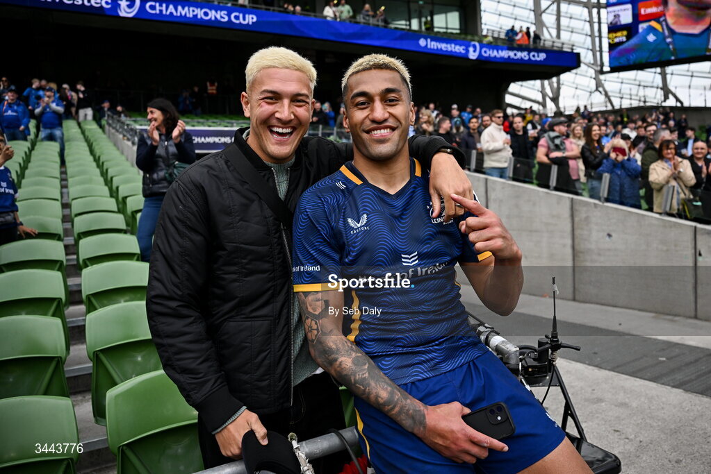 2 May 2026; Rieko Ioane of Leinster with his friend Lisati Milo-Harris after the Investec Champions Cup semi-final match between Leinster and RC Toulon at the Aviva Stadium in Dublin. Photo by Seb Daly/Sportsfile