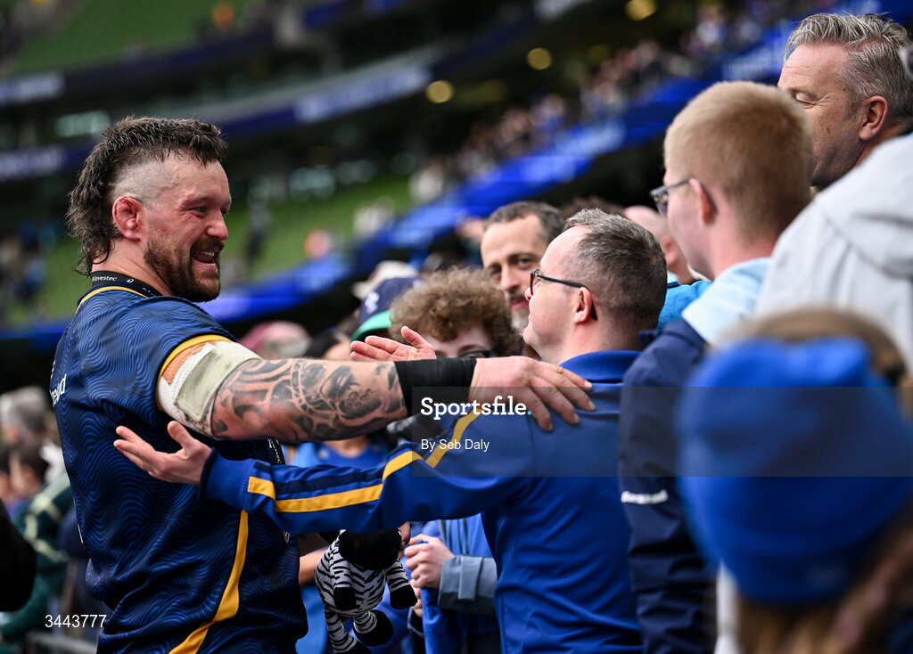 2 May 2026; Andrew Porter of Leinster with supporters after the Investec Champions Cup semi-final match between Leinster and RC Toulon at the Aviva Stadium in Dublin. Photo by Seb Daly/Sportsfile
