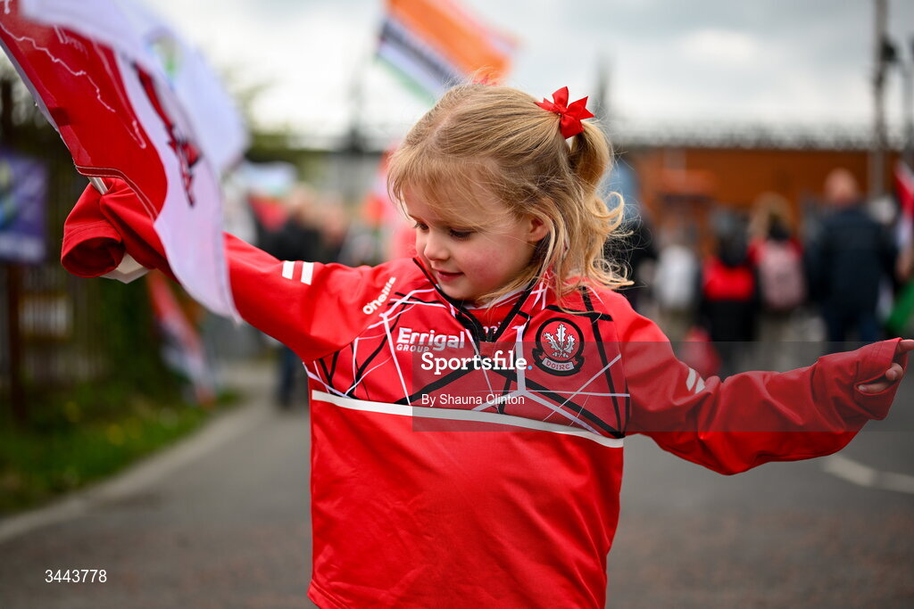 2 May 2026; Derry supporter Caitlín Ferris before the Ulster GAA Football Senior Championship semi-final match between Derry and Monaghan at BOX-IT Athletic Grounds in Armagh. Photo by Shauna Clinton/Sportsfile
