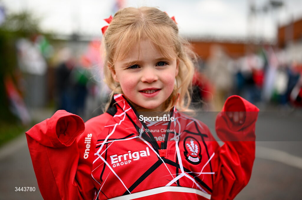 2 May 2026; Derry supporter Caitlín Ferris before the Ulster GAA Football Senior Championship semi-final match between Derry and Monaghan at BOX-IT Athletic Grounds in Armagh. Photo by Shauna Clinton/Sportsfile