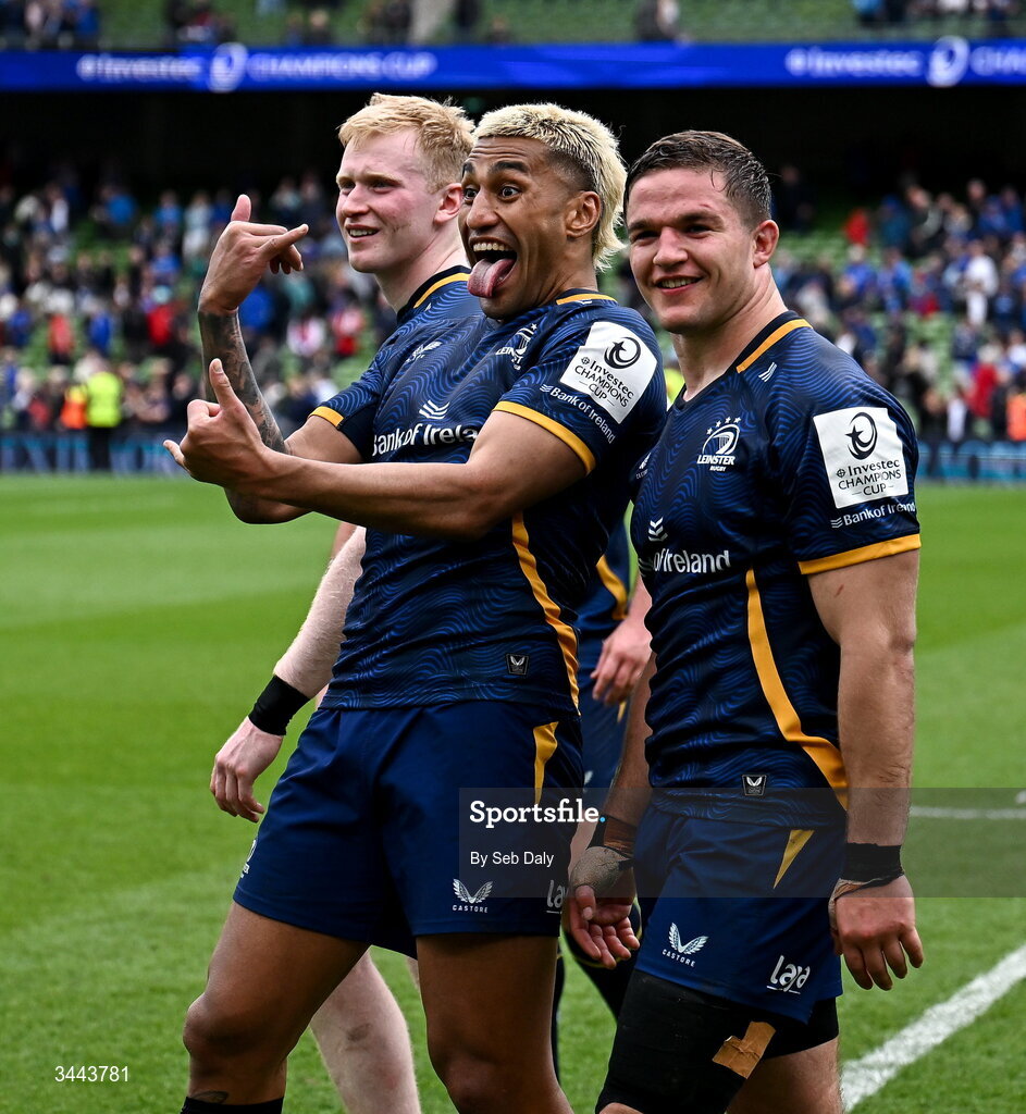 2 May 2026; Rieko Ioane of Leinster celebrates after the Investec Champions Cup semi-final match between Leinster and RC Toulon at the Aviva Stadium in Dublin. Photo by Seb Daly/Sportsfile