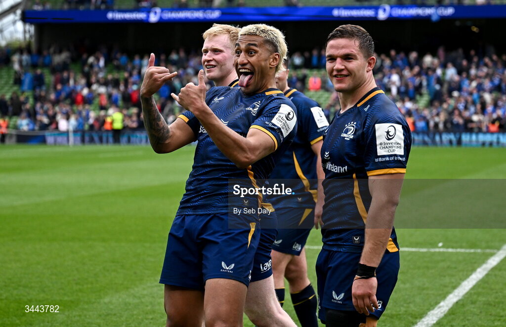2 May 2026; Rieko Ioane of Leinster celebrates after the Investec Champions Cup semi-final match between Leinster and RC Toulon at the Aviva Stadium in Dublin. Photo by Seb Daly/Sportsfile