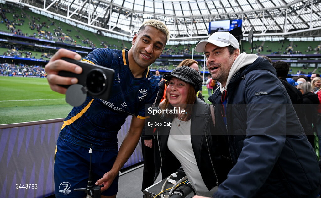 2 May 2026; Rieko Ioane of Leinster with supporters after the Investec Champions Cup semi-final match between Leinster and RC Toulon at the Aviva Stadium in Dublin. Photo by Seb Daly/Sportsfile